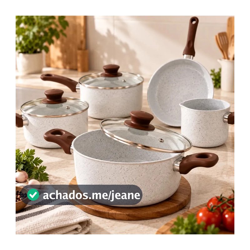 Jogo Kit 5 Panelas Cerâmicas Antiaderentes Indução Fundo Triplo PFOA Tampa de Vidro Cooktop Gás Elétrico Frigideira Caça