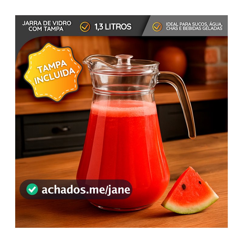 Jarra De Vidro 1,3 Litros Com Tampa Grande Litros Água Suco Drinks