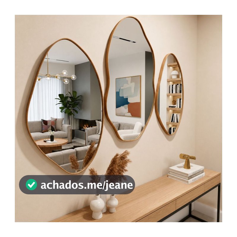 Kit 3 Espelhos Orgânicos Decorativos Parede 60x40 e 70x50 Moldura Couro Reforçado + Suporte Sala Quarto Banheiro