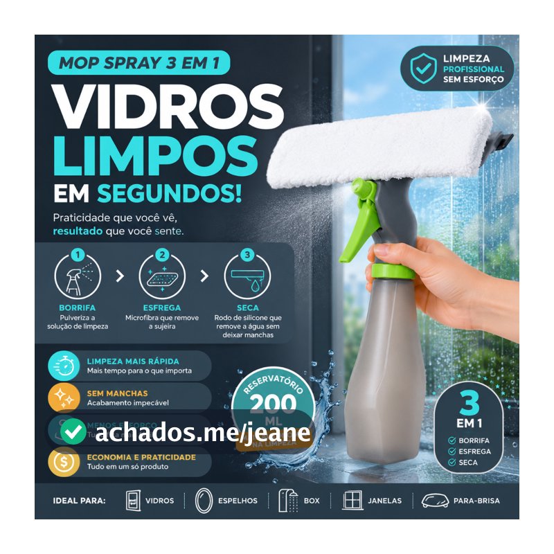 Rodo Mop Spray Limpa Vidro 3 em 1 200ml Borrifa Limpa e Seca Limpador de Vidros com Reservatório -CH