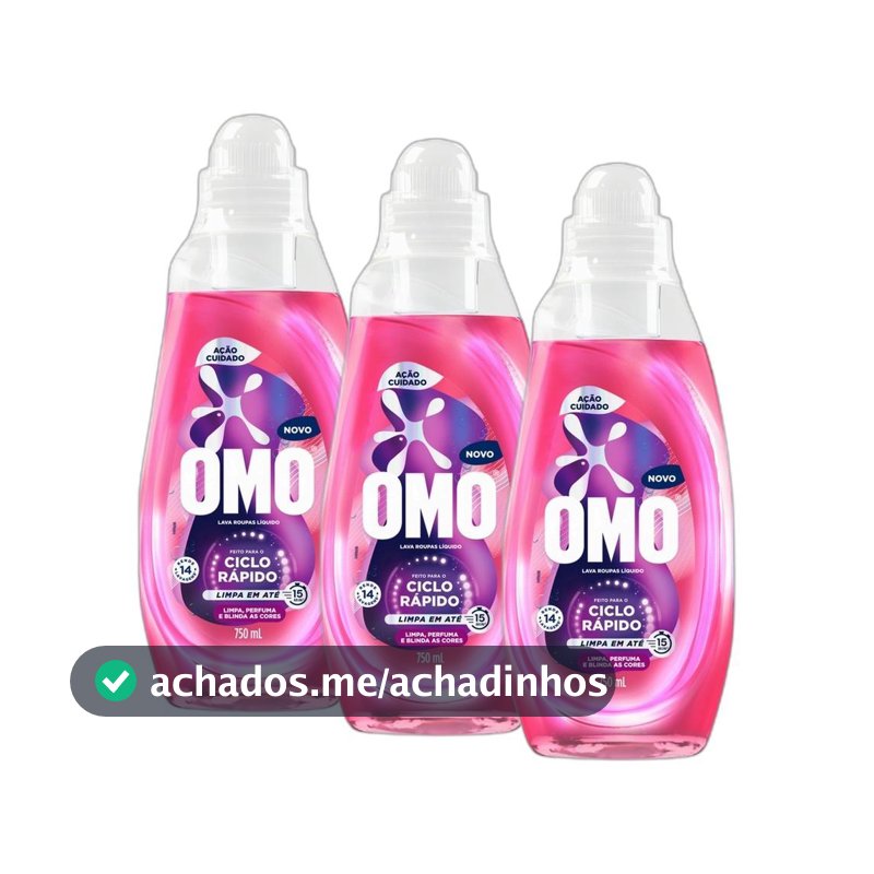 Kit 3 Lava-Roupas Líquido Omo Ciclo Rápido Ação Cuidado Frasco 750ml cada