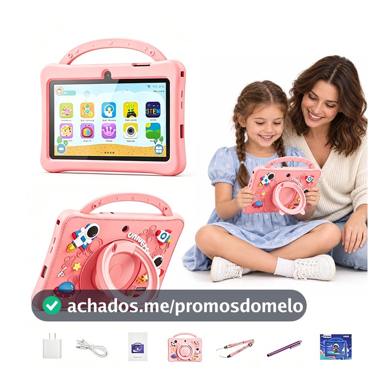 Tablet Infantil 7 Polegadas 128GB 4GB RAM Wi-Fi Bluetooth Android 13 com Capa de Silicone Antichoque
