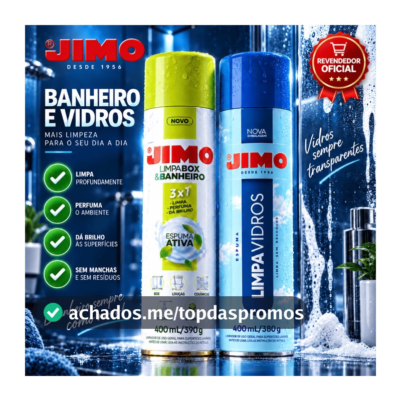 Kit Jimo Limpa Box e Limpa Vidro 400ml Banheiro Espuma Ativa Limpador de Vidro Blindex Espelho