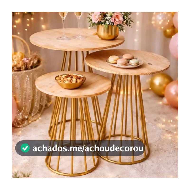Kit 3 Mesas Redonda Cone Cilindro Ripado Ferro Para Pegue Monte Aniversário Casamento Desmontável