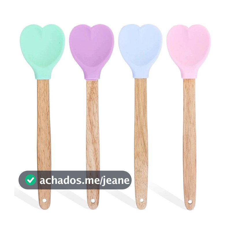 Kit 2/4 Espátulas de Silicone com Cabo de Bambu Formato Coração para Cozinha e Confeitaria