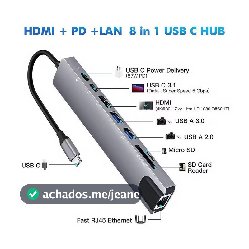 Adaptador Hub Tipo C 5em2/6em1/7 Em 1/ 8em1 HDMI Micro Sd Tf M1 4k Usb 3.0. E USB-A 4EM1. Para computador todo tipo