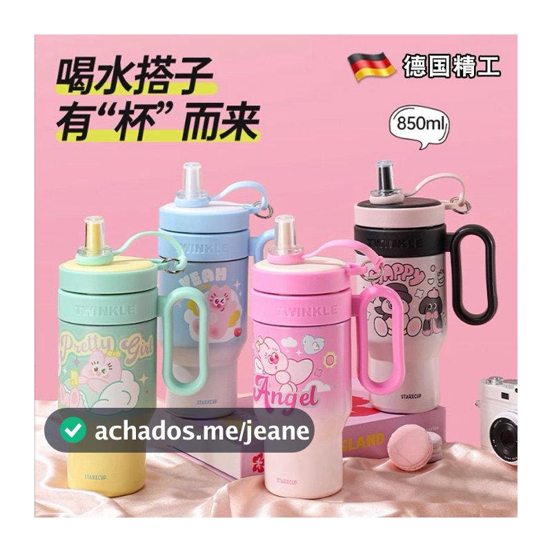 Copo Termico Infantil com Canudo 900ml Aço Inox Estilo Cute Garrafa Térmica de Água Estampado