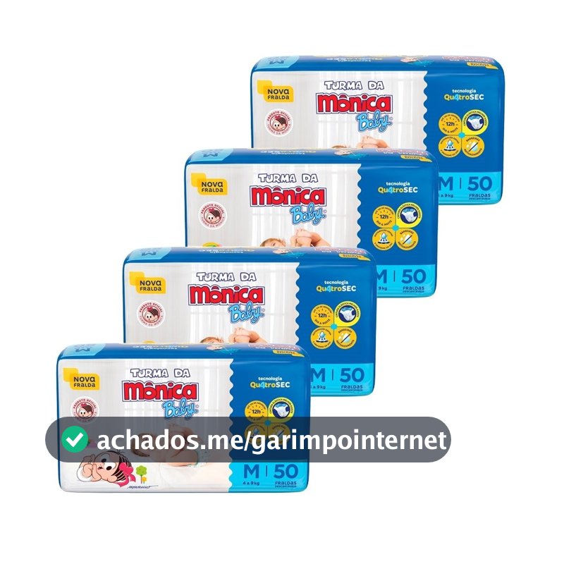 Fralda Descartável Turma da Mônica Tamanho M - 4 Pacotes com 50 Fraldas - Total 200 Tiras