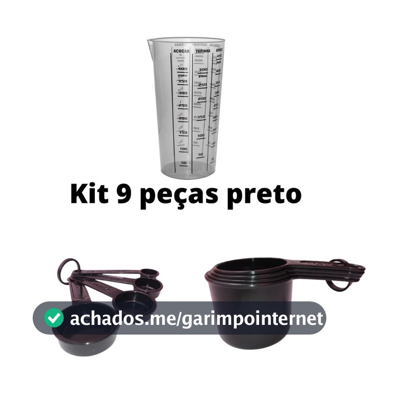 kit 9 peças preto colher xicara e copo medidor casa lar utensílios atacado e varejo