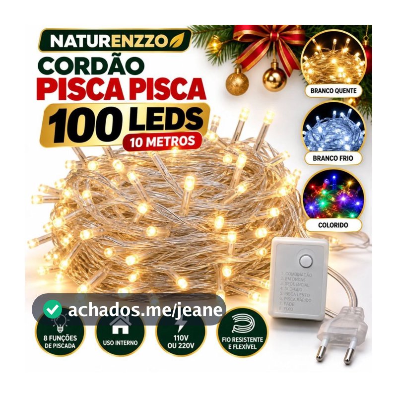 Pisca Pisca Cordão De Natal Fio Transparente 100 Lâmpadas Led 10mts Cor 8 Funções Varias Cores 110/220v