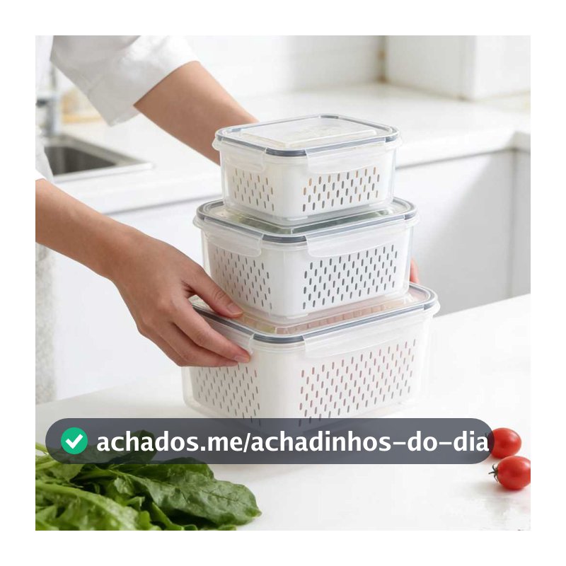 Kit 3 Potes De Organizador Hermetico Com Cesta Escorredor Para Geladeira