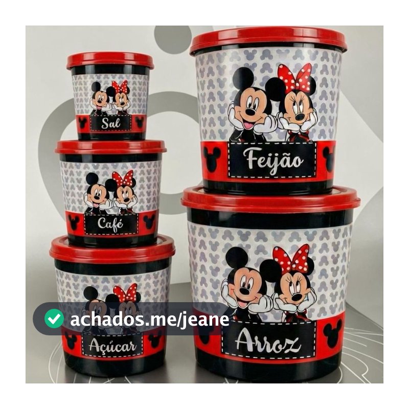 Jogo 5 Potes Organizadores De Cozinha Mickey e Minnie