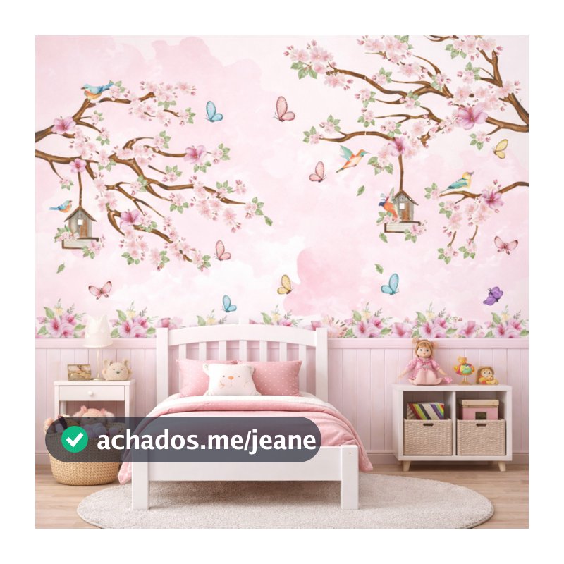 Papel de Parede Jardim Encantado com Ripado rosa Quarto Infantil Menina Lavável Painel Completo