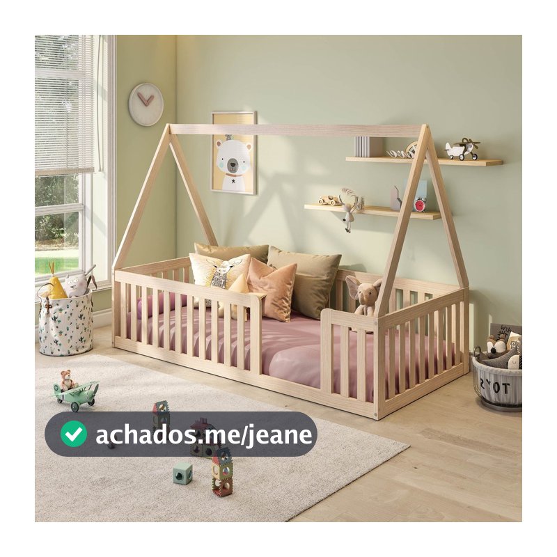 Cama Montessoriana Solteiro com Grade e Telhado Giulia Casatema MadeiraOriginals Marrom/Bege Natural/Bege