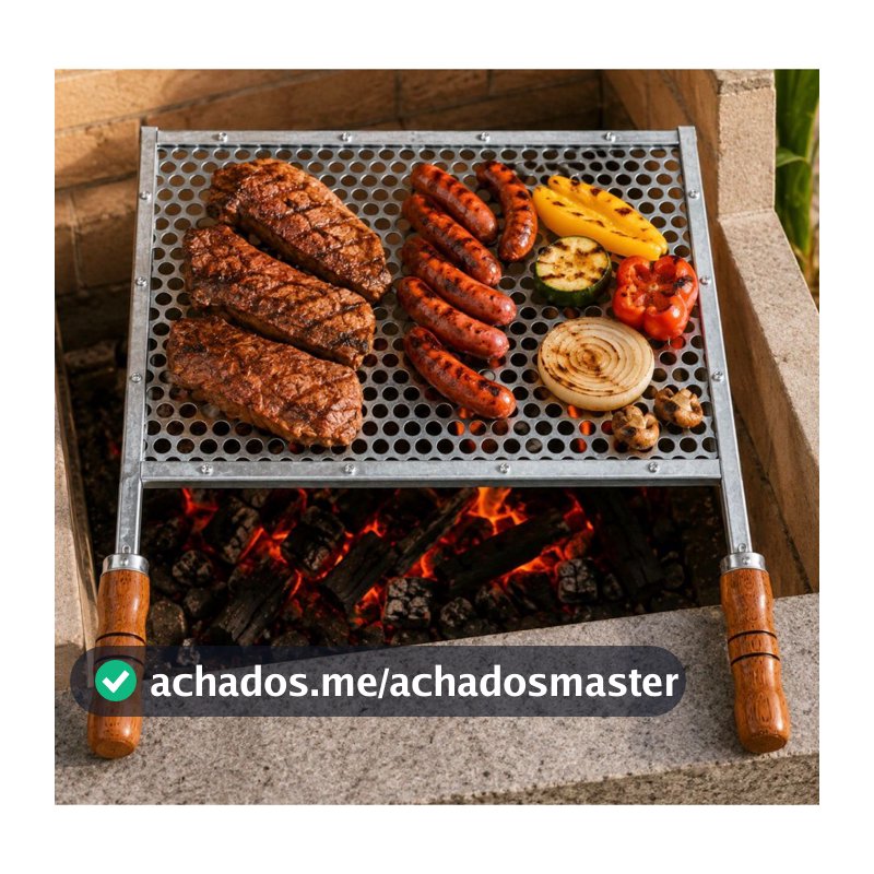Grelha para Churrasco em Aço Galvanizado Perfurada com Cabo de Madeira | Nao é estampada | diversos tamanhos