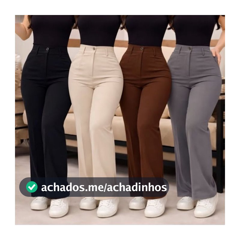 Calça Feminina Wide Leg Pantalona Alfaiataria Cintura Alta Zíper Lateral Botão Bolsos Laterais Social