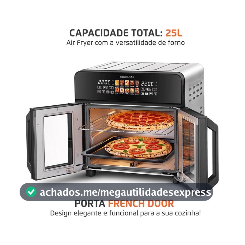 Air Fryer Forno 25L French Door Mondial Preto/Inox 2000W - AFDO-25L-FD