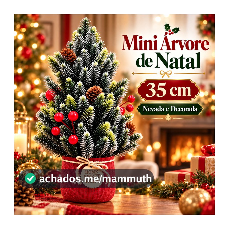 Mini Árvore de Natal 35cm Decorada Nevada para Mesa com Pinhas Frutas Vermelhas Vaso Vermelho Decoração Natalina