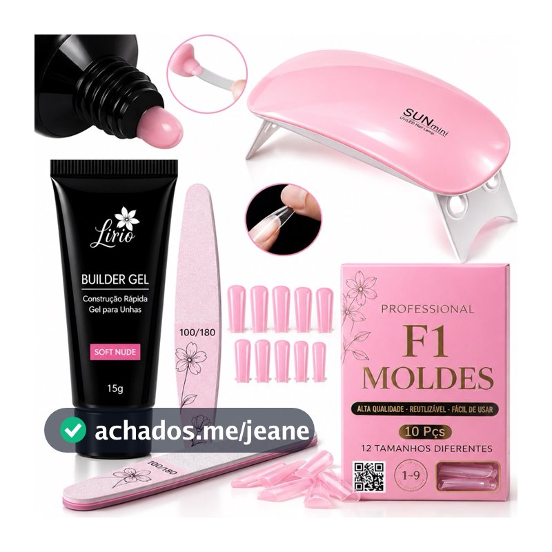 Kit Unha de Gel Completo Alongamento Manicure Sun Mini Cabine de Unhas F1 + Polygel + Lixa