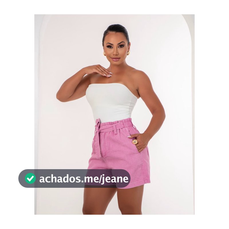 Short Jeans/brim Feminino Meia Coxa Clocha Rosa Elástico Laço Cintura