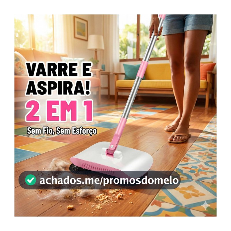 Vassoura Mágica 2 em 1 – Aspirador Manual e Esfregão Giratório para Limpeza Doméstica Prática