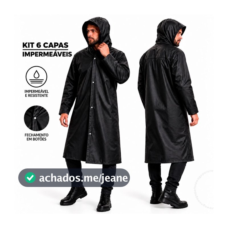 Kit 6 Capa De Chuva Preta Com Capuz Impermeável PVC Resistente Forrado Trabalho Pesado EPI