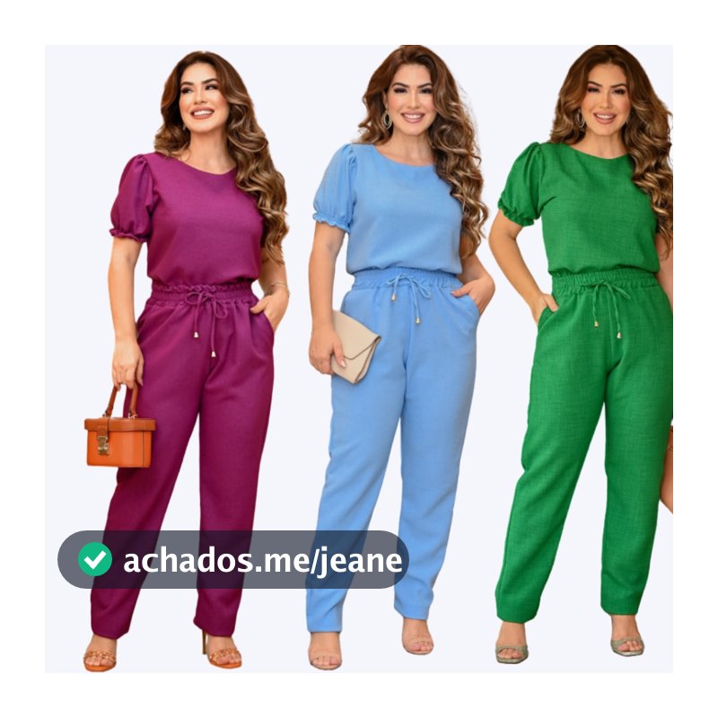 Kit Combo 03 Conjunto Feminino Casual De Blusa Calça em Linho Algodão Com Babado Na Manga Diversas Cores 2023 Roupa Feminina Festa Barata Promoção Exlusiva