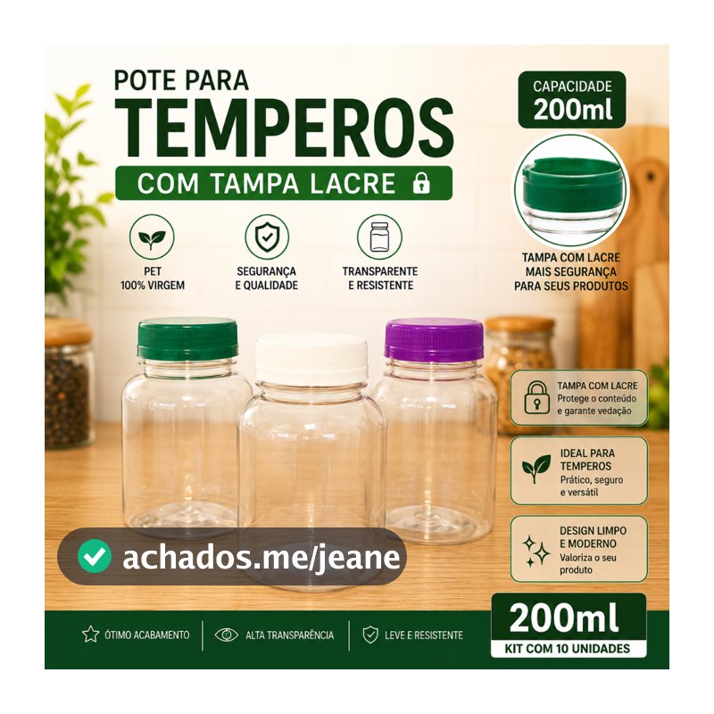 Kit até 20 Potes para Temperos 200ml PET Cristal com Tampa Lacre para Condimentos, Especiarias e Organização da Cozinha