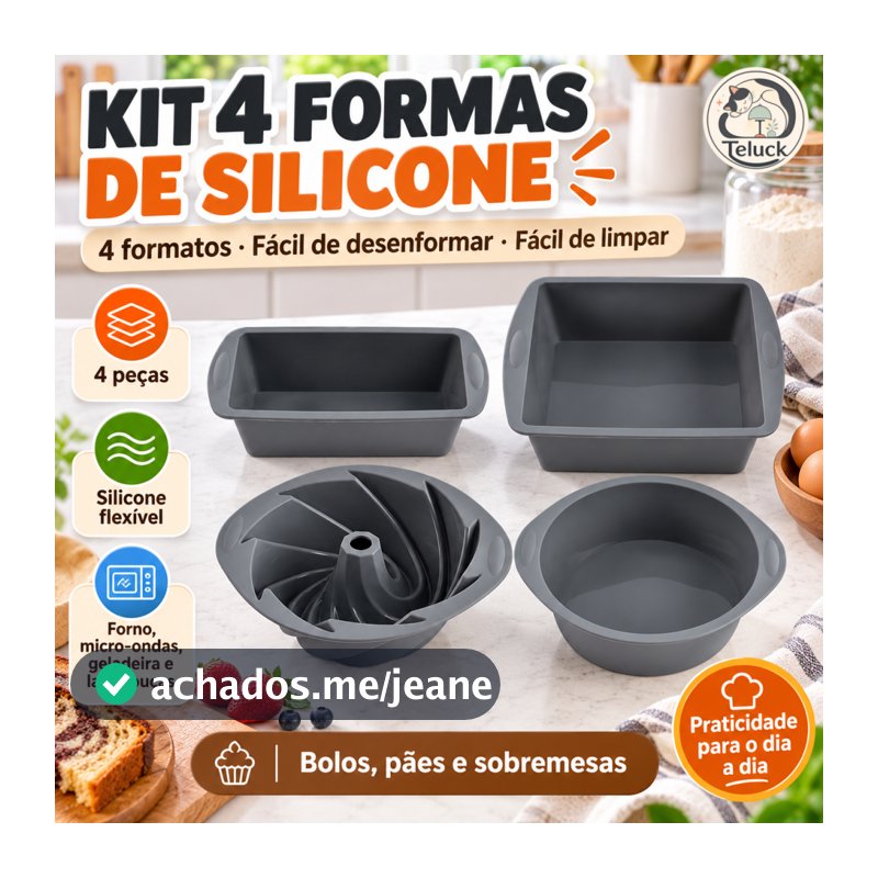Kit 4 Formas de Silicone para Bolo e Pão, Assadeiras para Forno e Micro-ondas, 4 Formatos Cinza