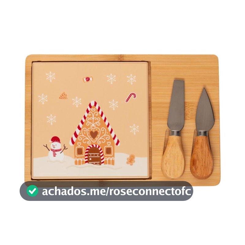Conjunto 4 Peças para Queijo Encanto de Natal Lyor com Bandeja Tábua Faca e Espátula para Servir Petiscos em Celebrações