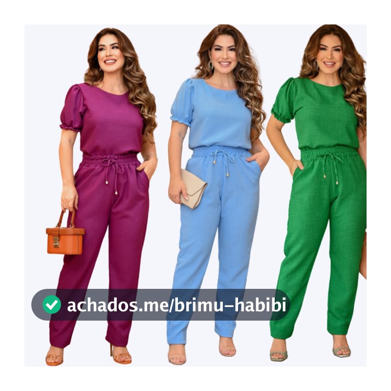 Kit Combo 03 Conjunto Feminino Casual De Blusa Calça em Linho Algodão Com Babado Na Manga Diversas Cores 2023 Roupa Feminina Festa Barata Promoção Exlusiva