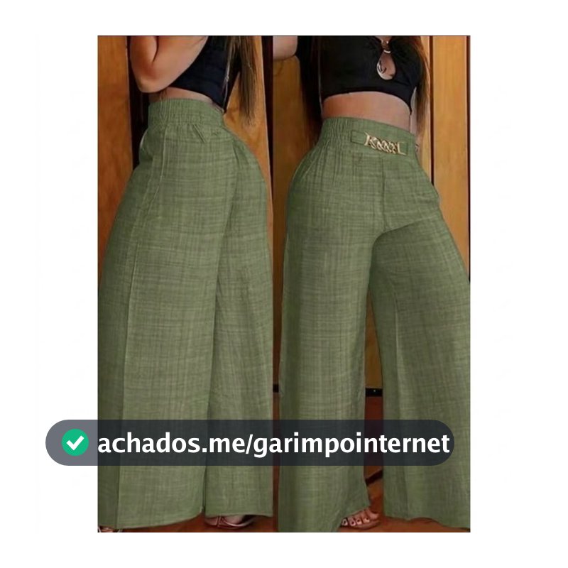 Calça Pantalona De Linho Com Cinto Fake e Cintura Alta e Bolsos