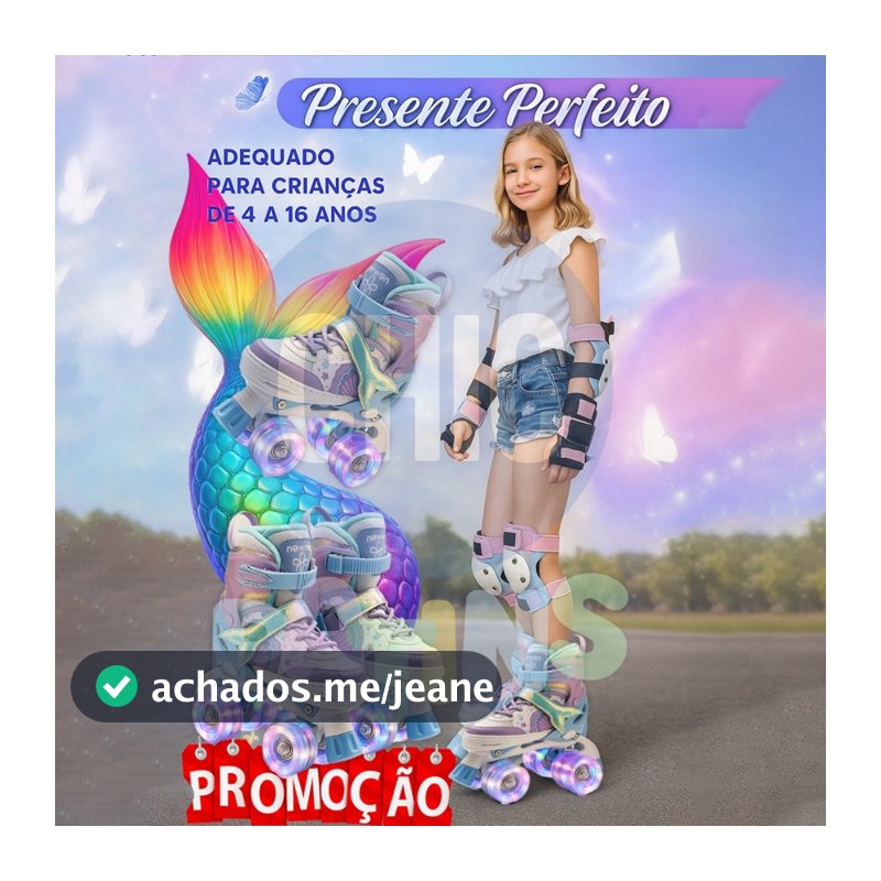 Patins Infantil De 4 Rodas Meninas Com Freios Com Led + Kit Proteção Criancas
