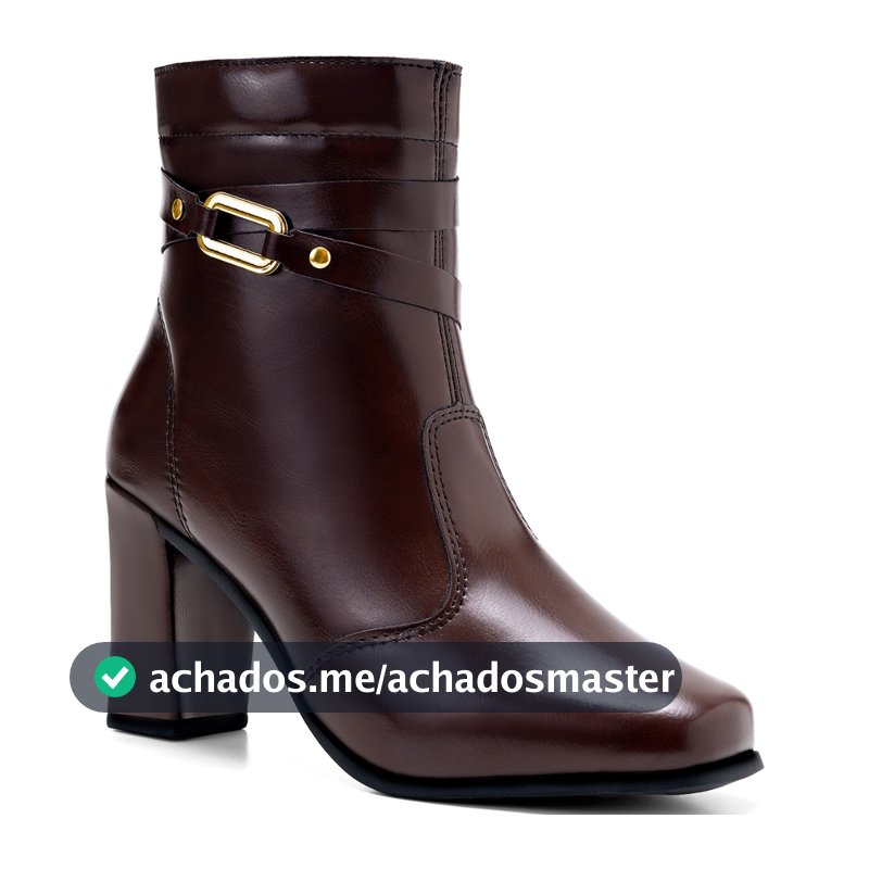 Bota Feminina Lumiss Cano Curto Salto Alto Bloco Bico Quadrado Passante Fivela Metálica