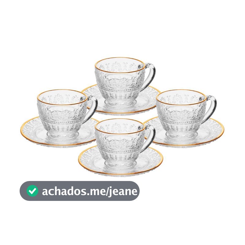 Conjunto 4 Xícaras de Café com Pires 90ml Cristal Mauve Fio de Ouro Wolff para Expresso Mesa Posta Café da Manhã Elegant
