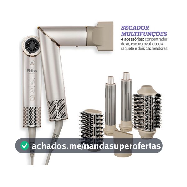 Secador de Cabelo Philco PSC3500 4 em 1 Dobrável Portátil com Escovas e Cacheadores para Viagem