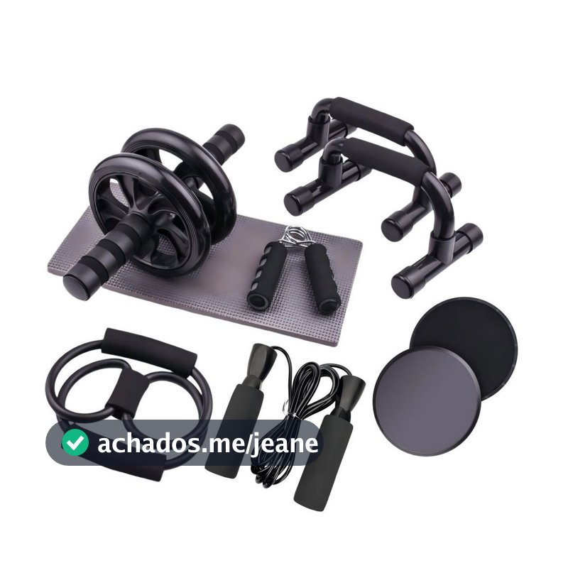 Kit Fitness 6 em 1 Roda Abdominal Flexão Corda Elástico Hand Grip Tapete Treino em Casa