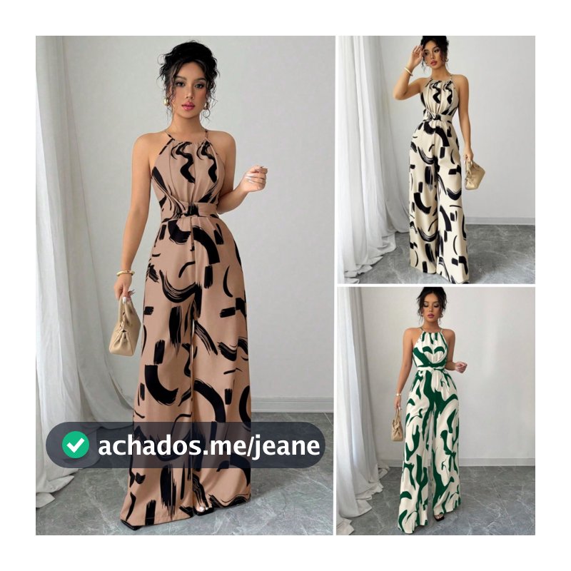 Macacão Feminino Longo Elegante Ombro Pernas Largas e Cintura com Laço Estampa Abstrata