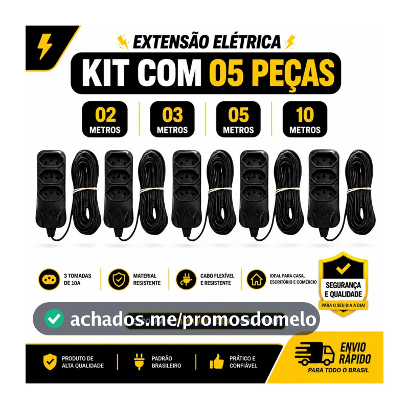 Kit 05 Extensão Tripolar Bivolt 2, 3, 5 E 10 Metros (10A - Cor Preta - 110/220V - 03 tomadas)