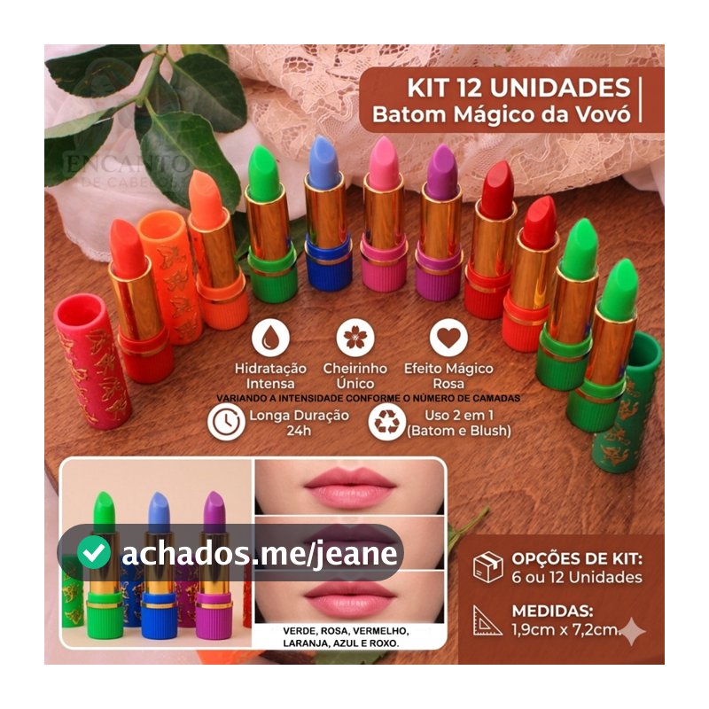 Kit 6 ou 12 Batons Mágicos 24h Retro - Batom da Vovó Batom Verde que Muda de Cor com PH - Não Sai na Água
