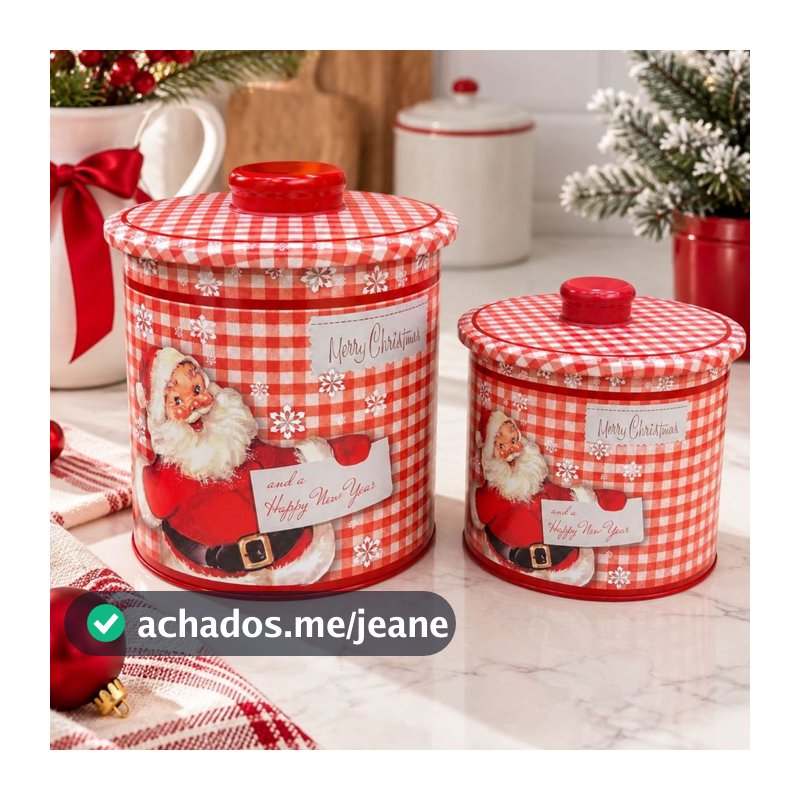 Kit 2 Latas Natalinas Redondas Xadrez Papai Noel em Metal