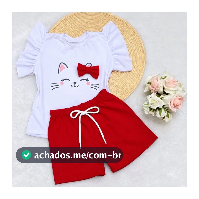 Conjunto Gatinha Infantil Menina Short Vermelho E Blusa Estampada Confortável Bebê Delicado Fashion