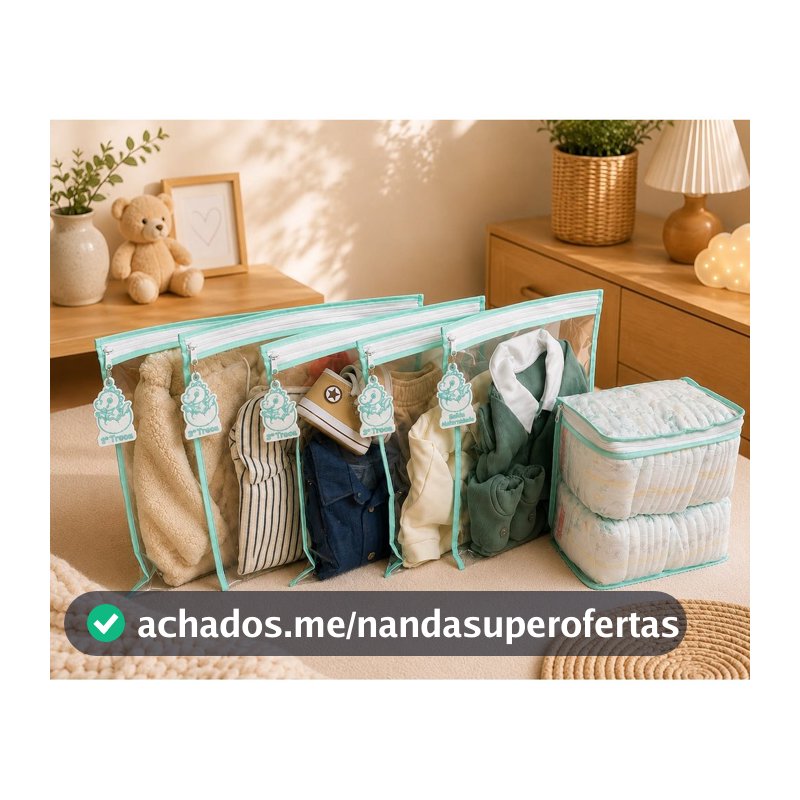 Kit Organizador Maternidade 5 Saquinhos Bebê Mala Bolsa Com 5 Tags Bordadas 1 Porta Fralda Luxo