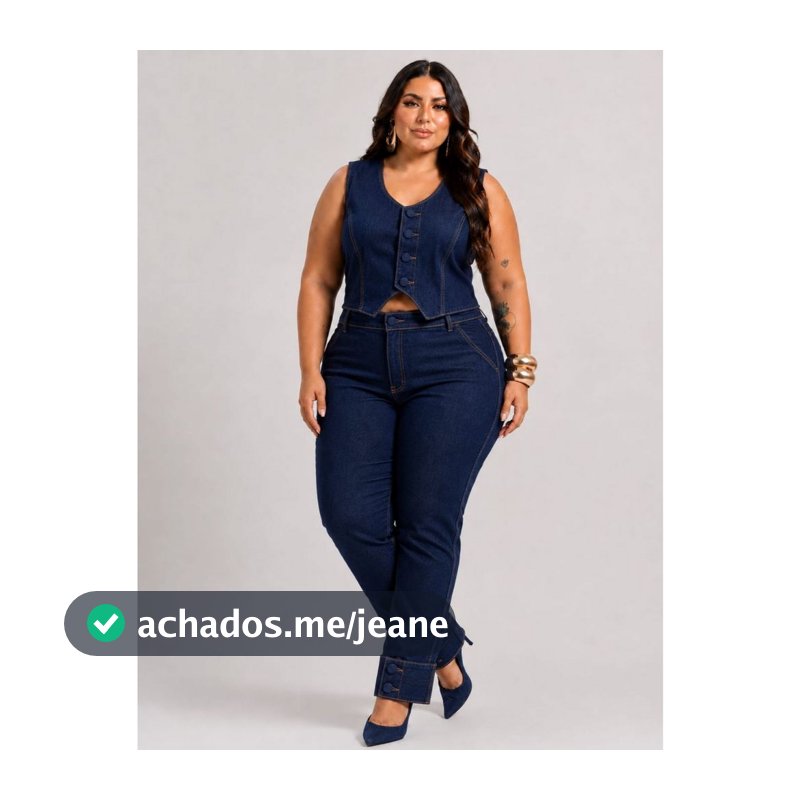 Conjunto Plus Size Calça e Colete Jeans Feminino Com Lycra