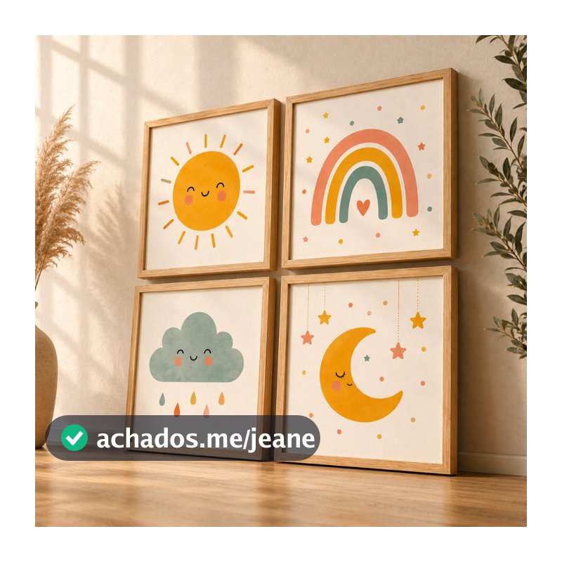 Kit 4 Quadros Infantil Arco-Íris Sol Lua Nuvem Decoração Quarto Bebê