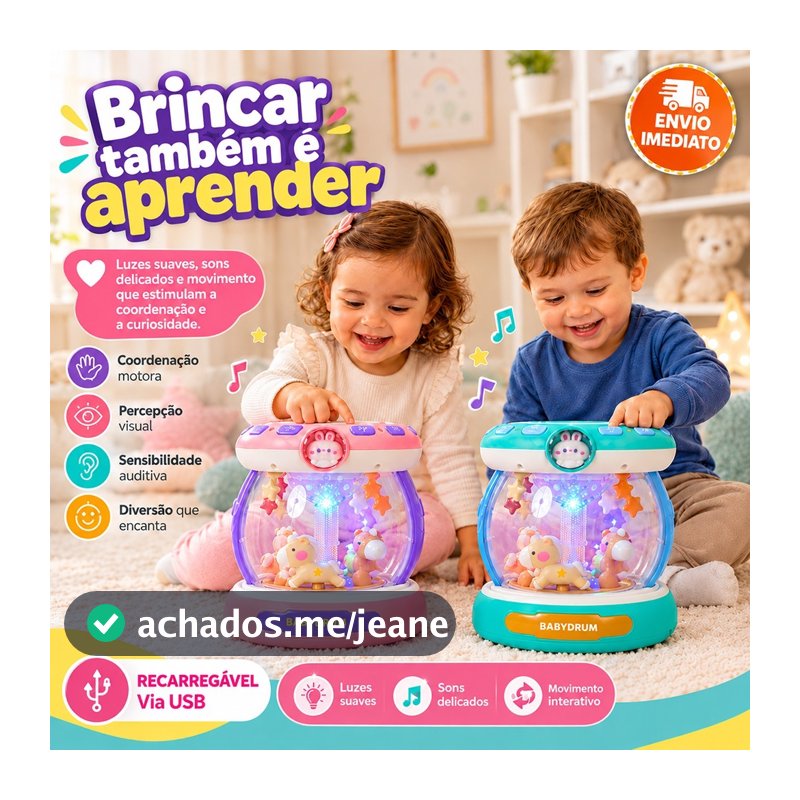 Brinquedo tambor carrossel giratório recarregável com sons suaves e luzes led para crianças USB