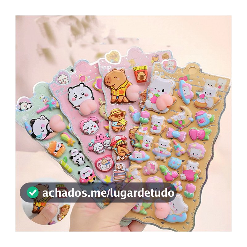 Cartela de adesivos 3D Squishy de Bumbum Anti-stress Kawai Adesivo Capivara Coelho Panda Gatinho Unicórnio