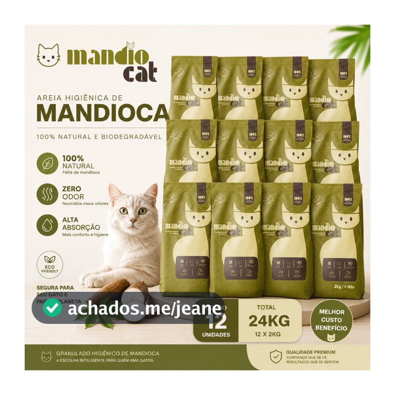 Areia Gato 100% Mandioca - Mandio Cat | Zero Odor, Alta Absorção e Torrões Firmes 24kg
