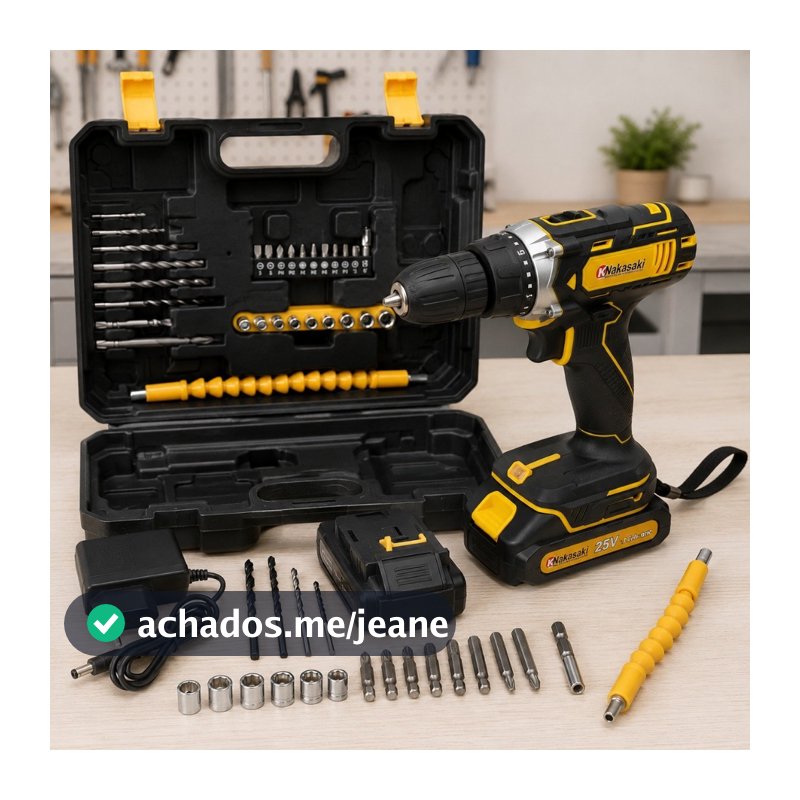 Parafusadeira Furadeira 25V Nakasaki Sem Fio a Bateria Profissional Kit Completo com Maleta