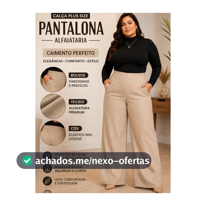 Calça Wide Leg Plus Size Feminina Alfaiataria Premium com Bolso Cós Elástico Alfaiataria Marron Preto Bege Elegante